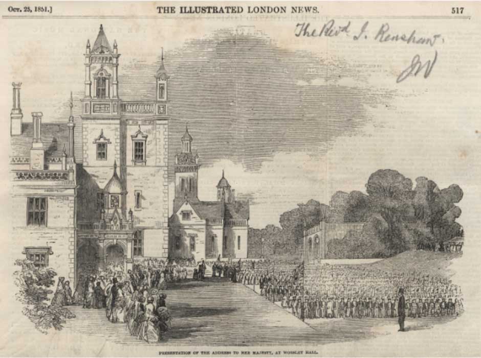 Queen Victoria is greeted by 1,400 school children on arrival at Worsley New Hall in 1851