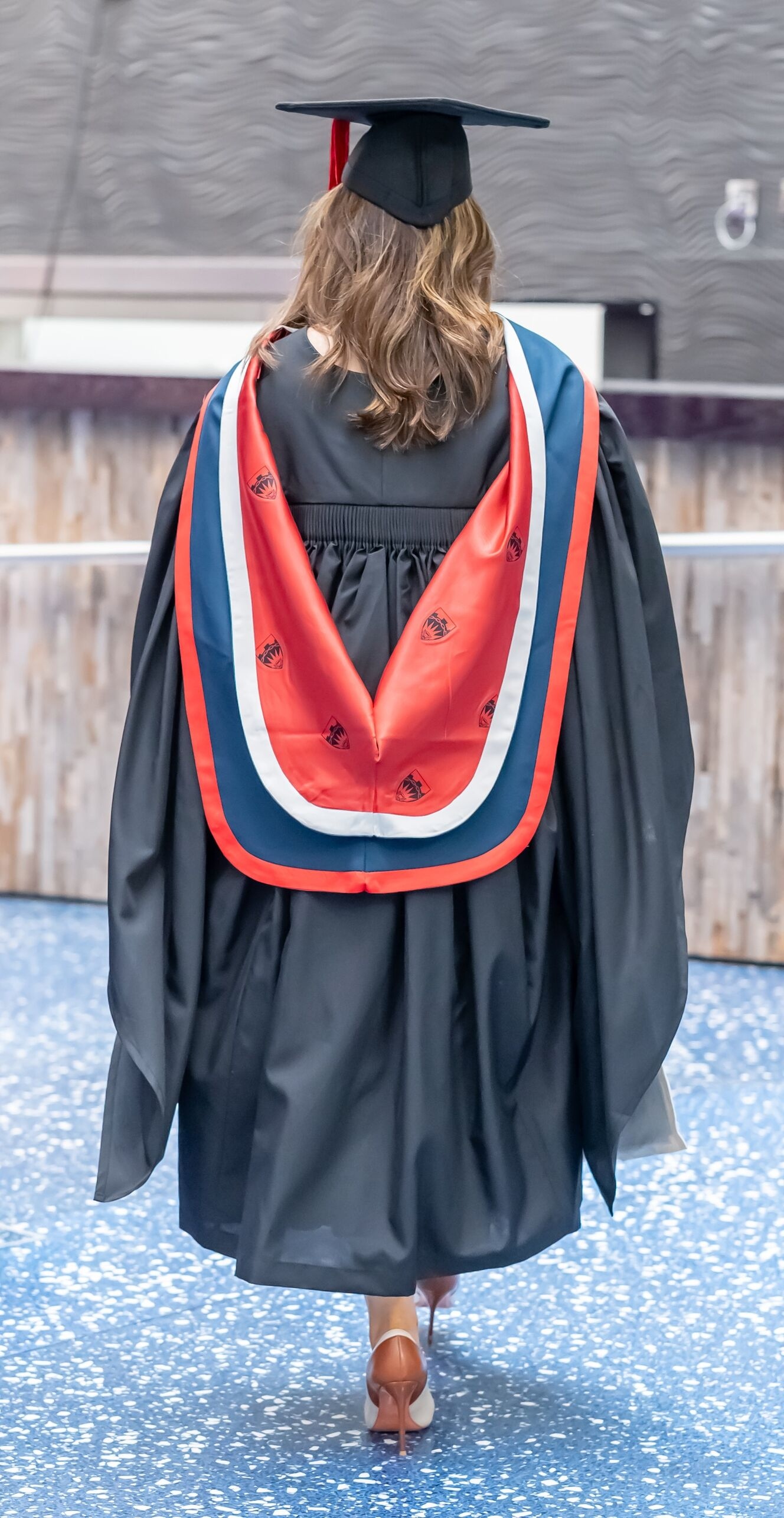 A person wearing a black graduation gown and cap stands with their back to the camera. They are wearing a colorful academic hood with red, white, and blue trim featuring small shield emblems. The person is indoors on a blue speckled floor near a textured wall and railing.