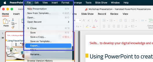 Screenshot of Microsoft PowerPoint on macOS with the “File” menu open. The “Export…” option is highlighted within the dropdown list.