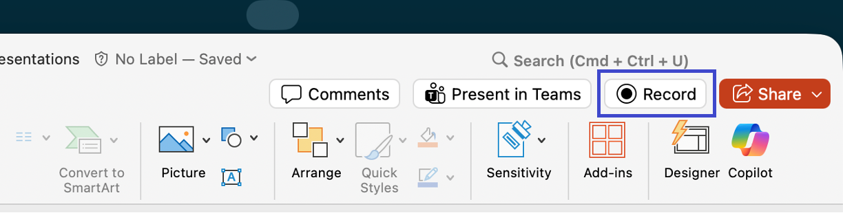 Screenshot of a presentation software toolbar showing options like “Comments,” “Present in Teams,” and a highlighted “Record” button with a circular icon, indicating the record feature is selected.