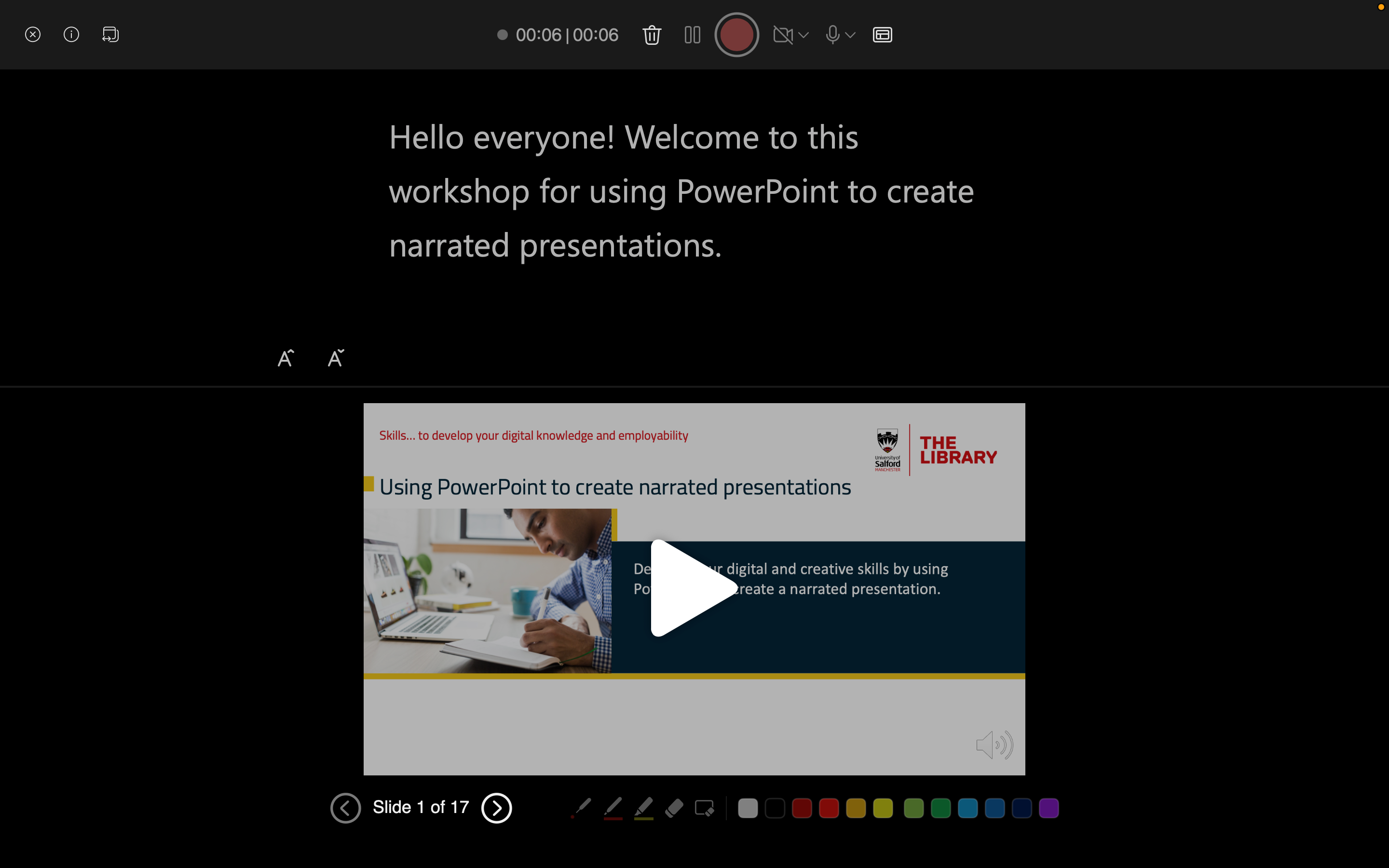 Screen recording interface displaying a slide presentation featuring a red "record" button.