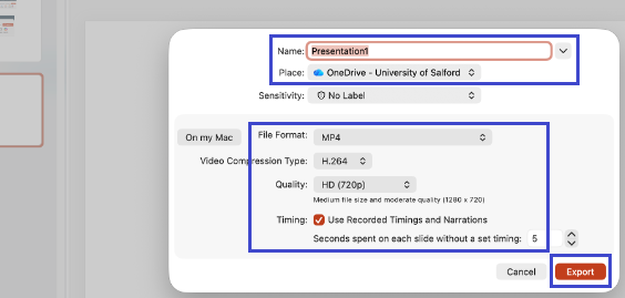Screenshot of a Microsoft PowerPoint “Export” dialog window for creating a video. Export settings include file format set to MP4 and quality set to HD (720p). The “Export” button is highlighted in the bottom right corner.