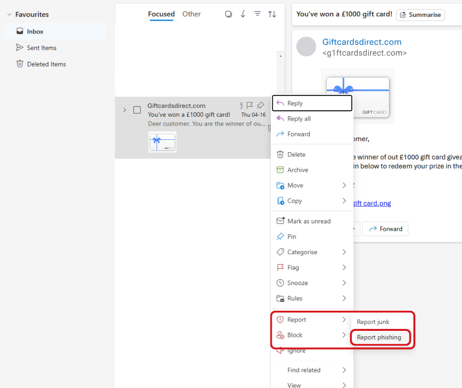 Screenshot of reporting a phishing email using the right-click menu