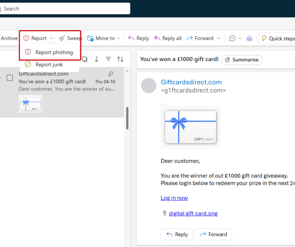 A screenshot of a phishing email, using the toolbar to report it as phishing