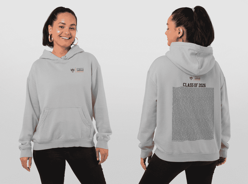 Model wearing a grey Campus Clothing hoodie with the names of graduates printed on the back and the University of Salford logo printed on the front