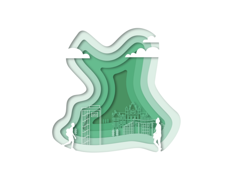 Layered green illustration resembling a stylised map or landscape, with abstract flowing contours in different shades of green. Within the design are line drawings of buildings, including a larger historic-style structure, alongside smaller figures walking. A modern building with signage appears on the left, while clouds and sky shapes sit at the top, creating a blended theme of urban environment, community, and sustainability.