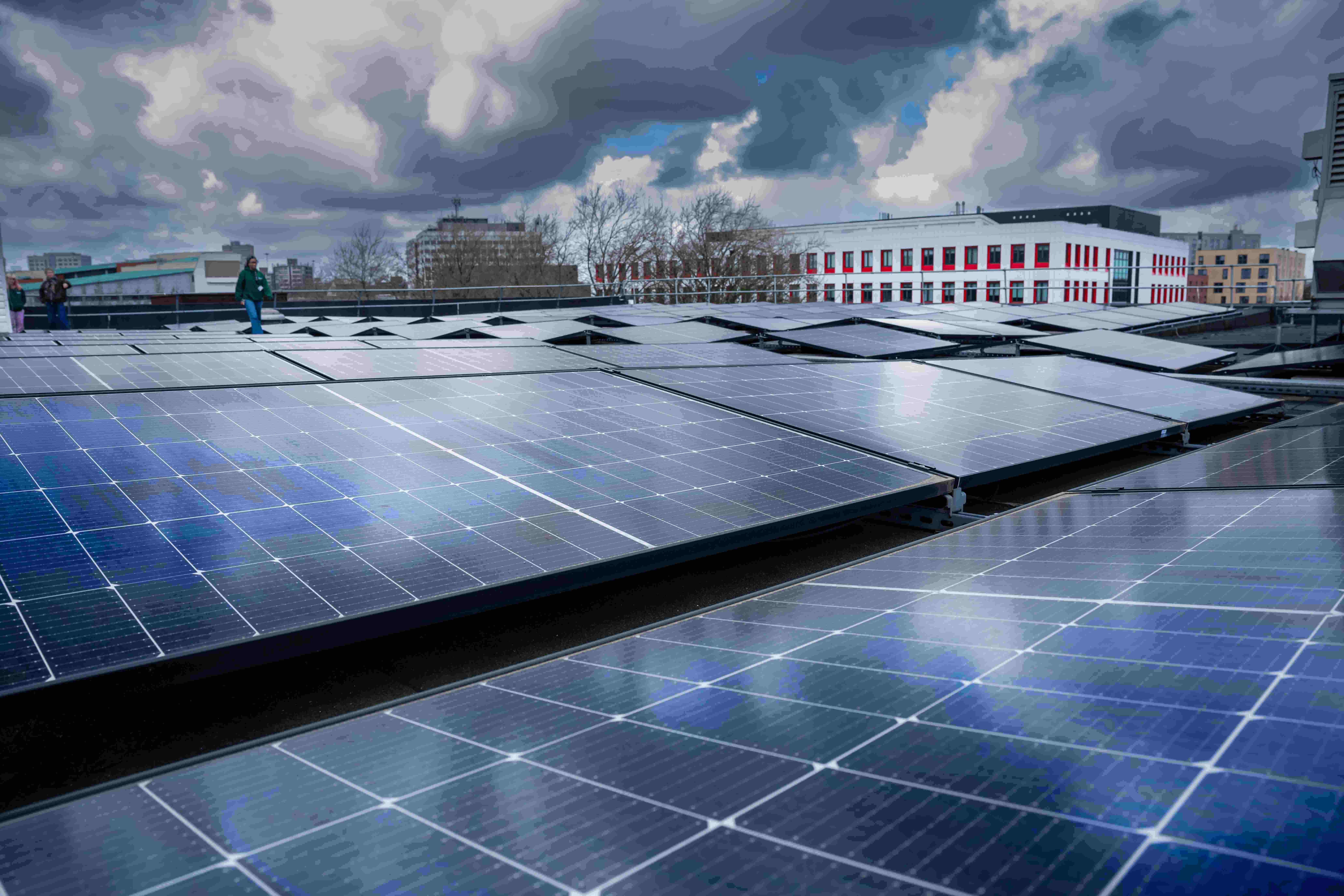 Rooftop solar panels on a University of Salford building