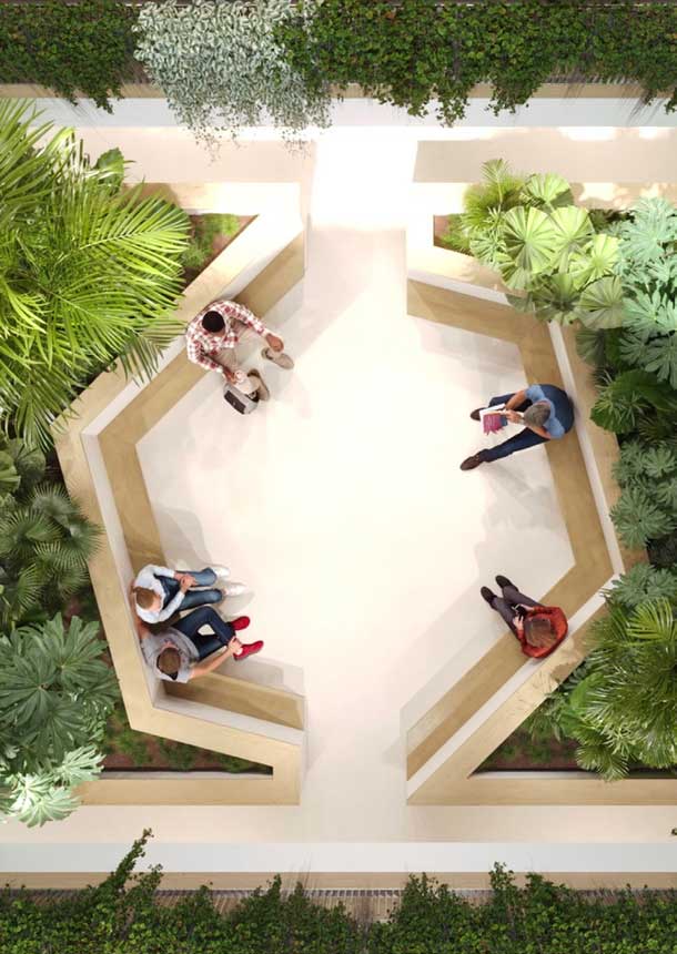 Artists impression - Thrive outside seating birdseye-view of people sitting on benches
