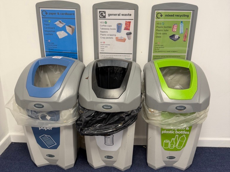 A set of Glasdon Nexus recycling bins colour coded for different recycling purposes