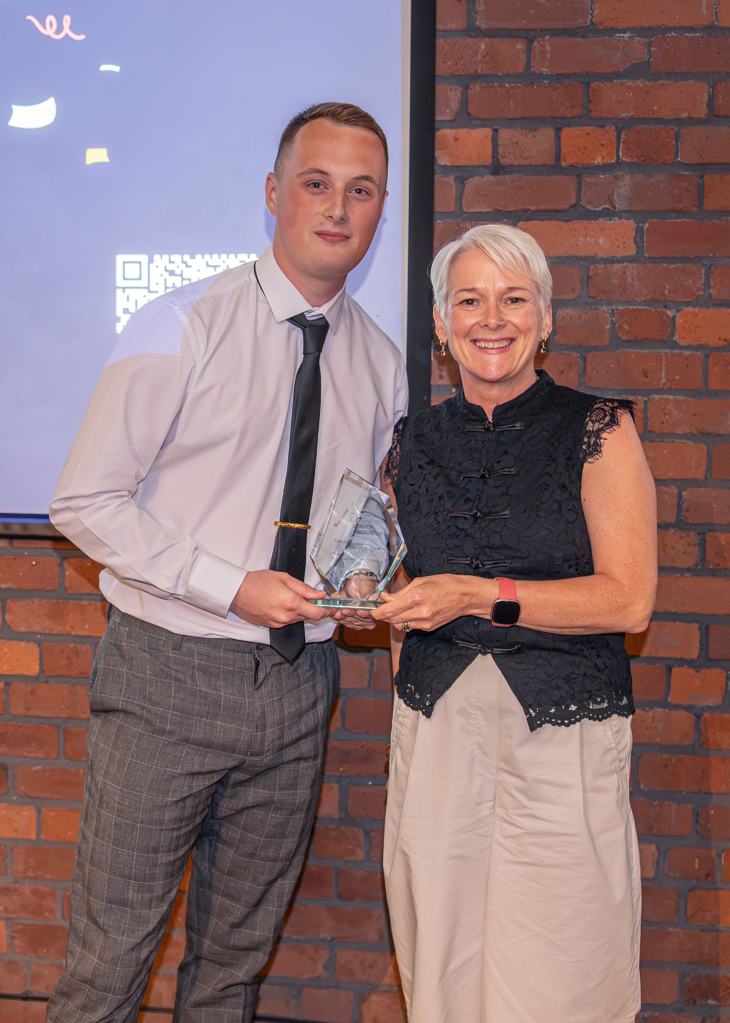 Deans Award winner Liam Spinks and Vicky Halliwell, PVC Dean of the School of Health and Society