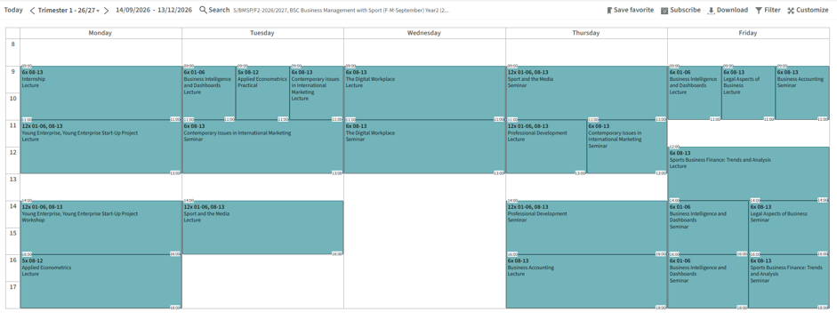 A screenshot of the University's timetabling system showing as a calendar view. Each weekday shows learning sessions in blue with text describing each session