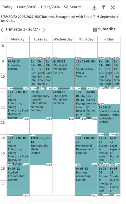 A screenshot of the University's timetabling system showing as a calendar view on a mobile device. Each weekday shows learning sessions in blue with text describing each session