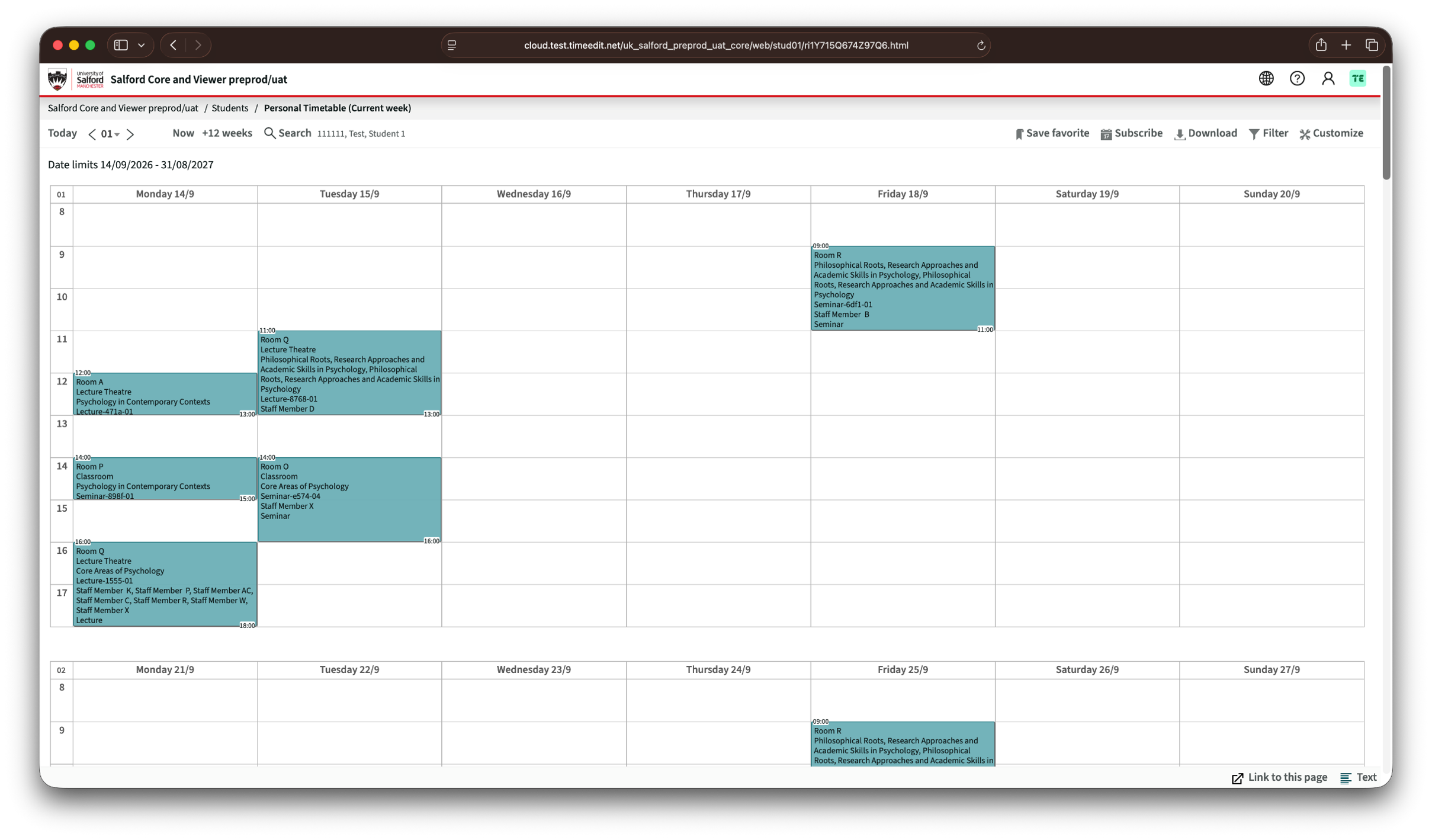 A screenshot of the University's timetabling system showing as a calendar view. Some weekdays show when learning sessions for an individual will be taking place in blue with text describing each session