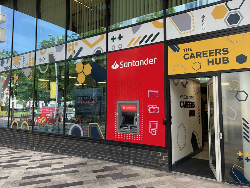 The Careers Hub and a Santander ATM located at the Lady Hale Building on the University of Salford Campus