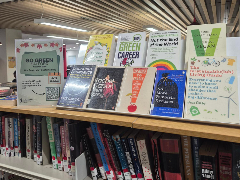 Sustainability book display for the Go Green Salford festival at the University of Salford