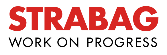 Logo for STRABAG in red with 'work on progress' written below