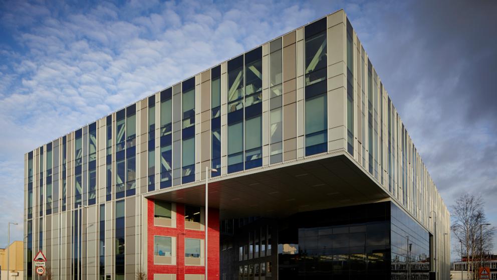 Modern glass, multiple storey building that forms part of the New Adelphi campus and fashion degree facilities at the University of Salford