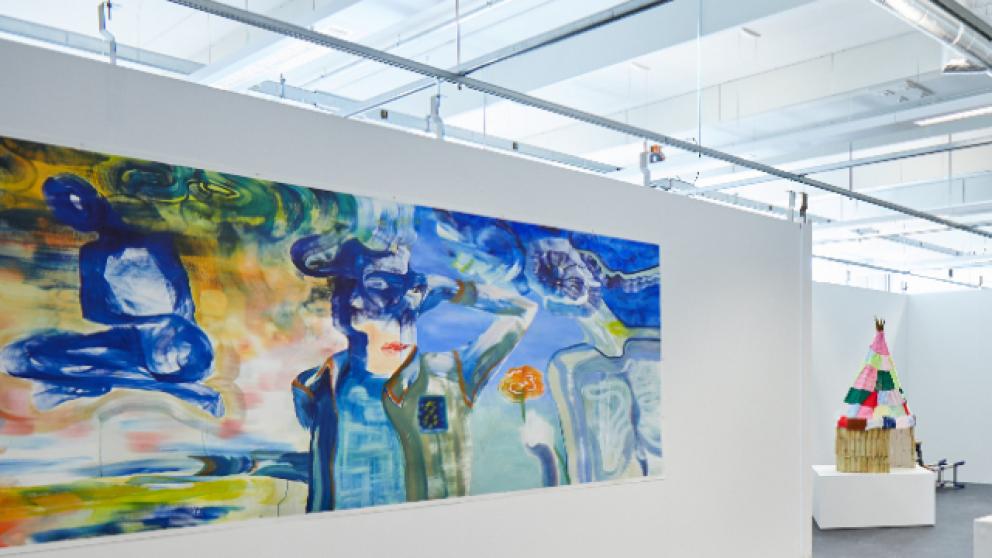 Gallery space with artwork in the New Adelphi Theatre, University of Salford