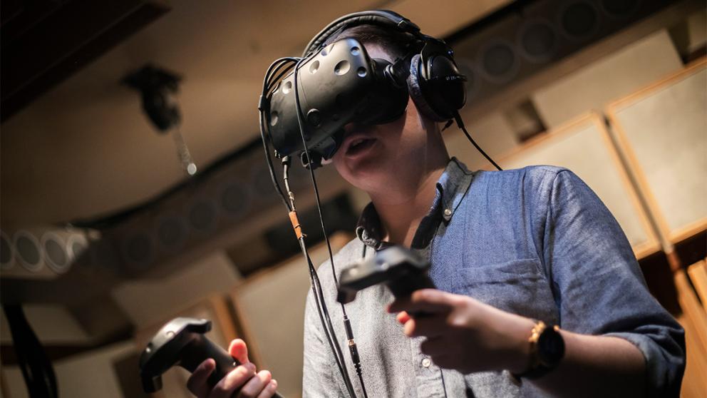 A student using a virtual reality headset