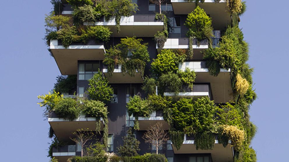 Tall building growing plants and greenery on the exterior