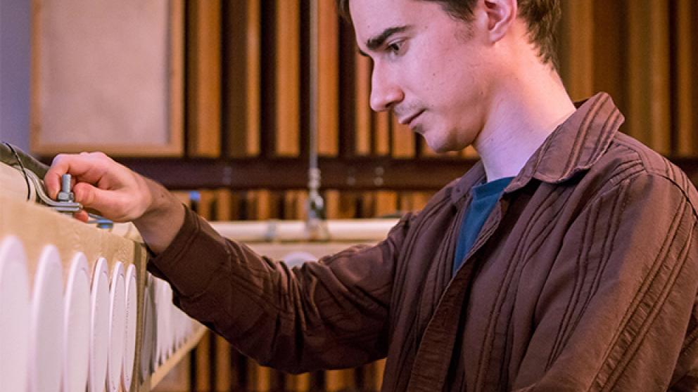 A student using the listening room