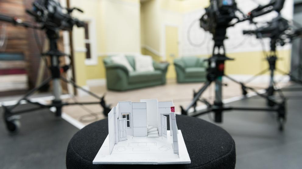 A model of the New Adelphi TV in front of the actual set