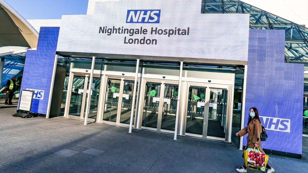 Entrance to the NHS Nightingale Hospital London, a temporary emergency field hospital established at the ExCeL London convention center