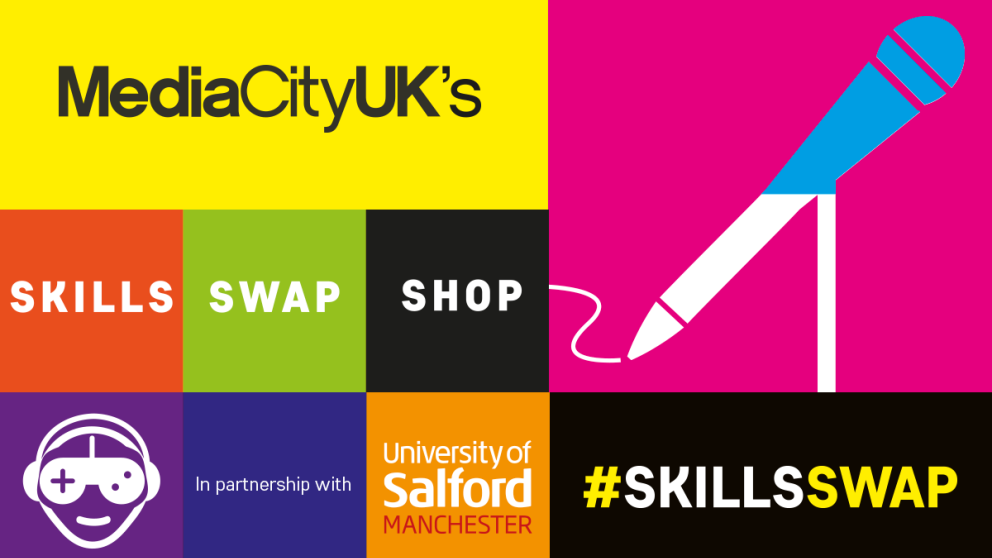 Illustration of community initiative Skills Swap Shop branding launched by MediaCity in partnership with the University of Salford and local tenants
