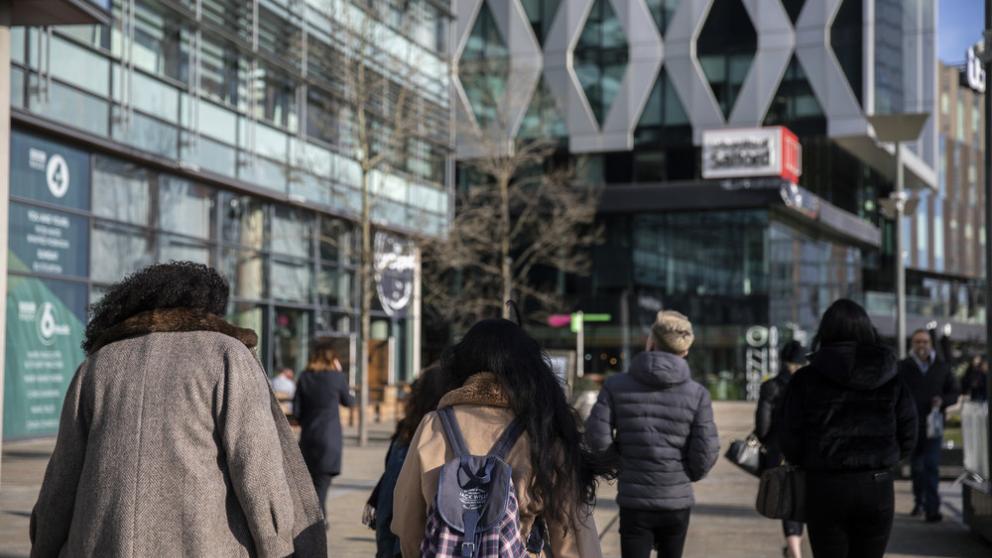 Students walking around MediaCity Campus