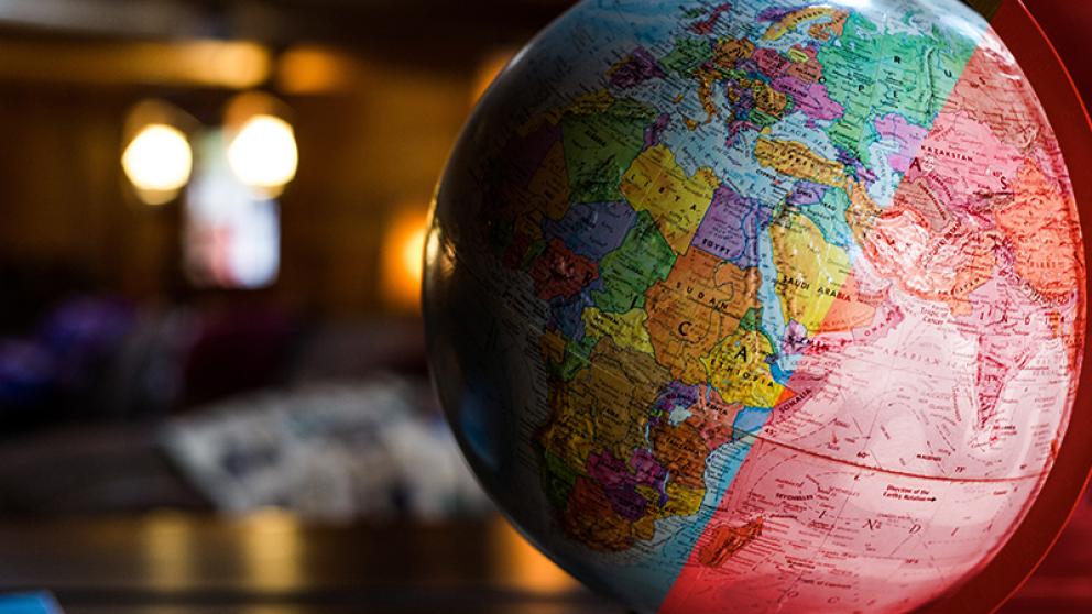 Close up of desktop globe showing Northern Africa, Europe and Asia