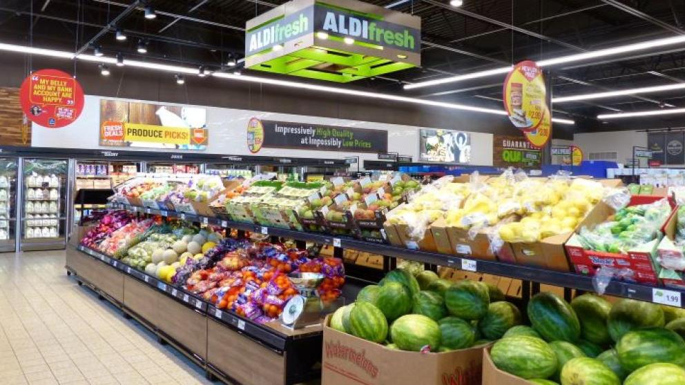 Vegetables and fruit section display in Aldi supermarket