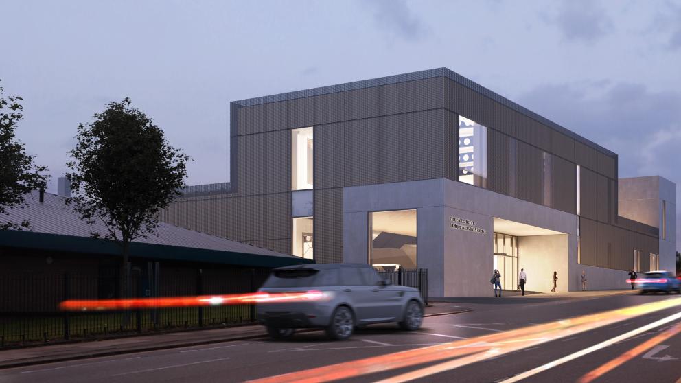 An artist's impression of an exterior view of the North of England Robotics Innovation Centre (NERIC), University of Salford