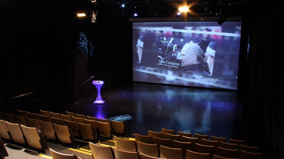 Chairs and presentation screen at the MediaCity Campus, Salford Quays