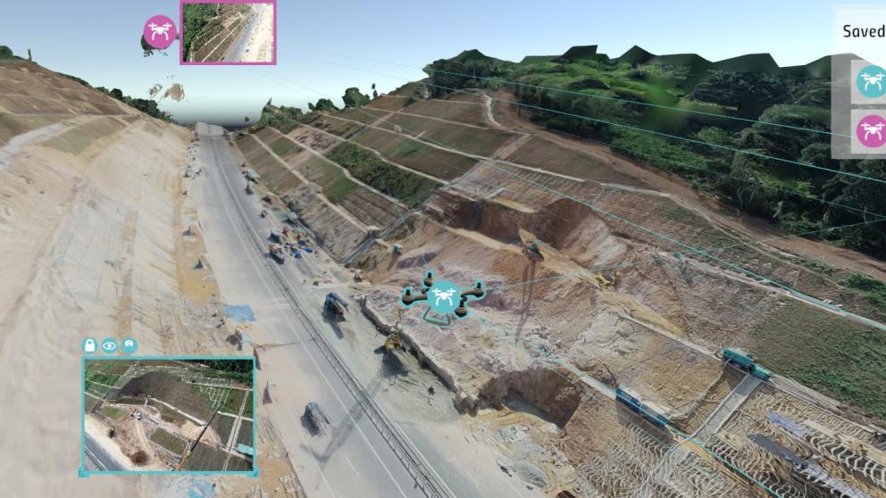 3D visualisation of a drone mapping a valley construction site, THINKlab, University of Salford