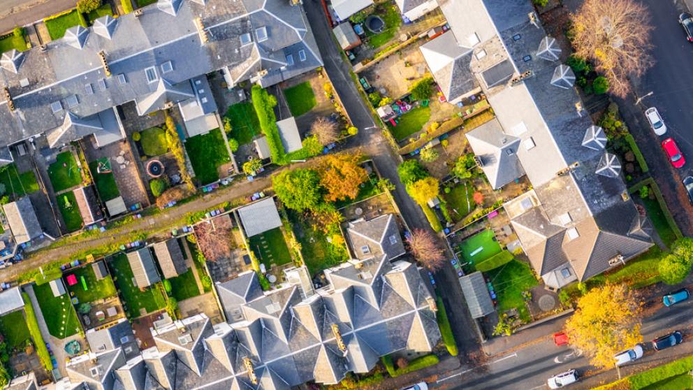 Aerial view of a housing estate and adjoining roads