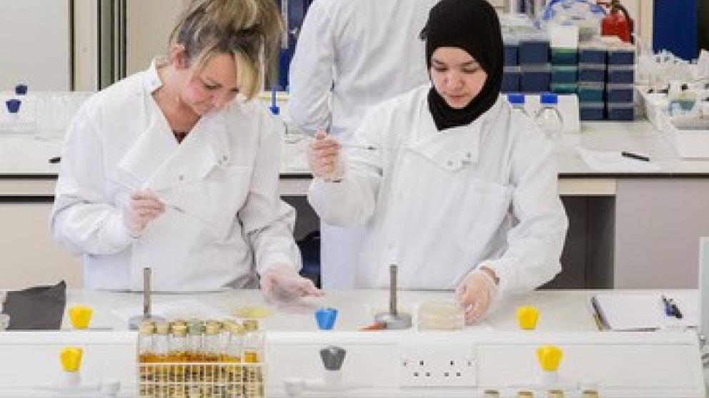Students in a practical session in the Bodmer Labs, University of Salford