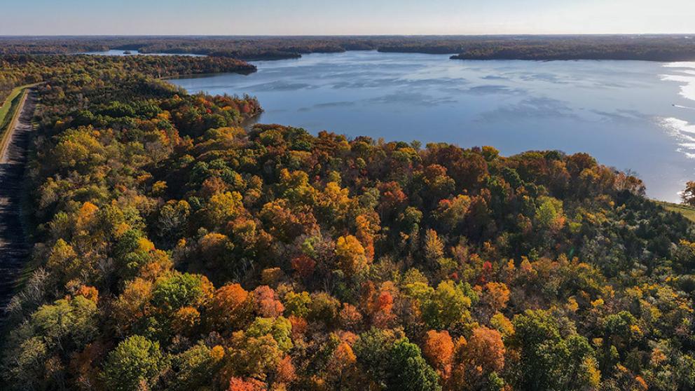 Aerial view of Atwood Lake surrounded by trees in Ohio, USA