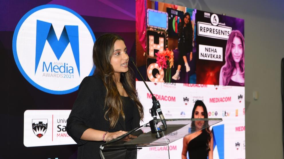 Neha Navekar presenting at the Asian Media Awards 2021