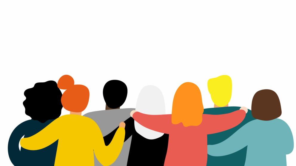 Six people hugging as a team illustration