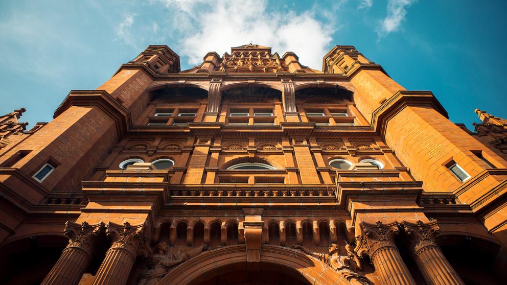 Looking up towards Peel Building, University of Salford