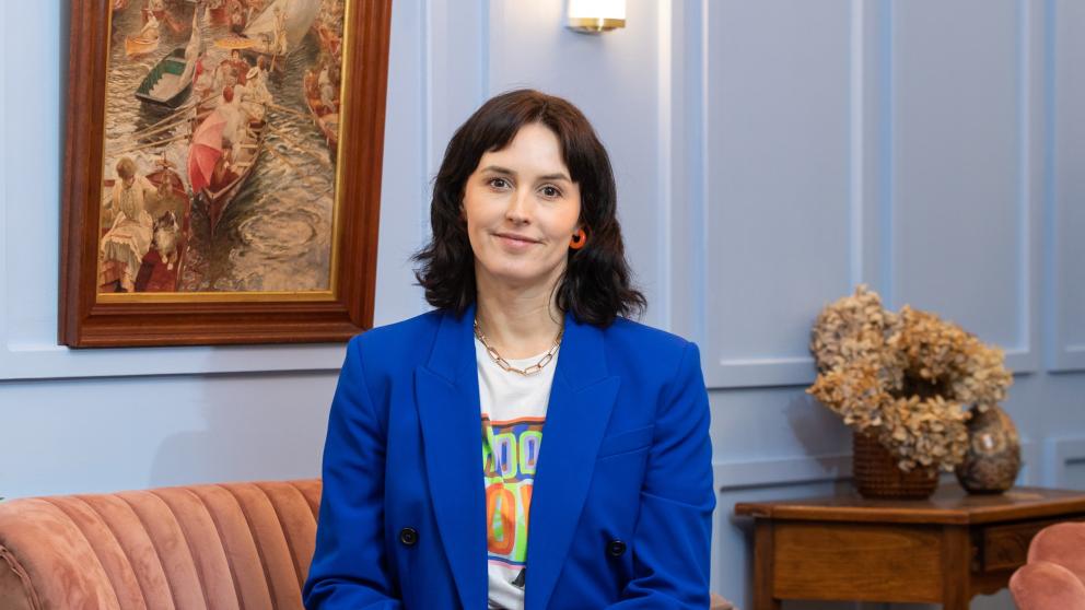 Graduate Ria Ashcroft in a display pod at the Renew Hub