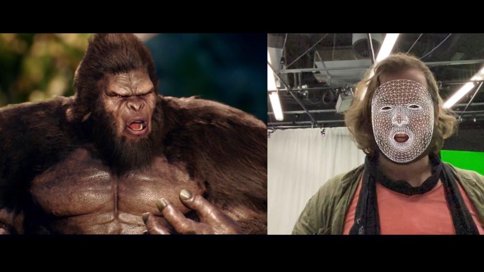 Screenshot of Connoll using the facial capture of a gorilla character