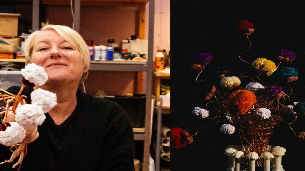 Jo Clements alongside an image of her brain exhibition 