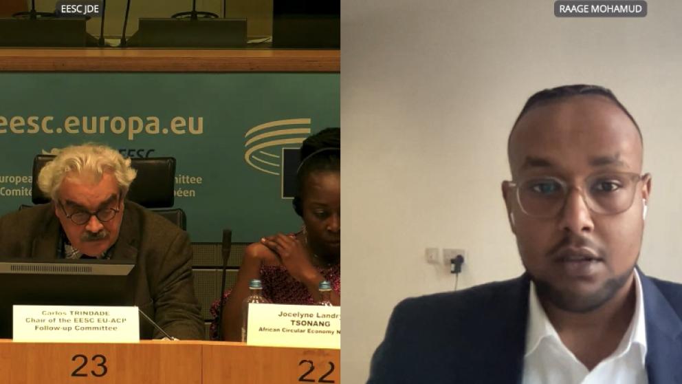 Image shows a Zoom screenshot of Mohamud Jama speaking at the committee