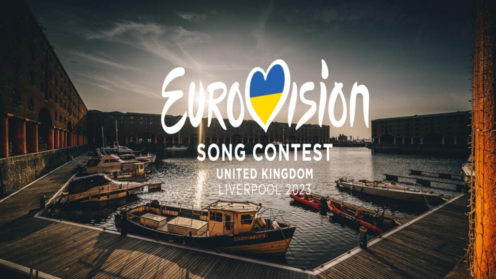 Image shows the Eurovision logo at a scene in Albert Dock