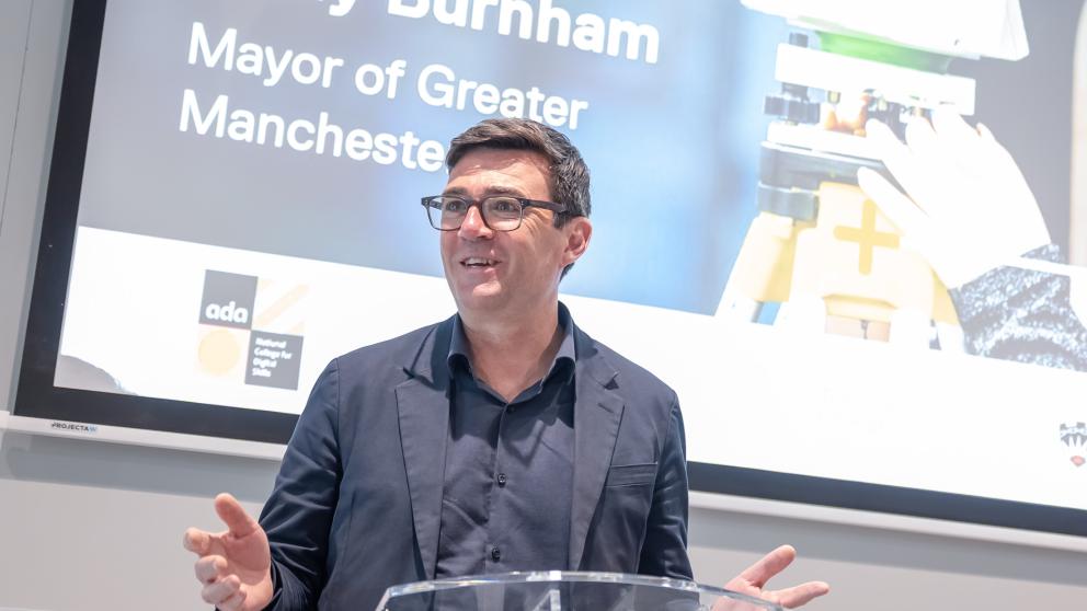 Andy Burnham presenting at the Greater Manchester Institute of Technology (GMIoT) launch