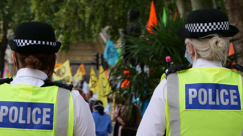 Two police constables observing a demonstration