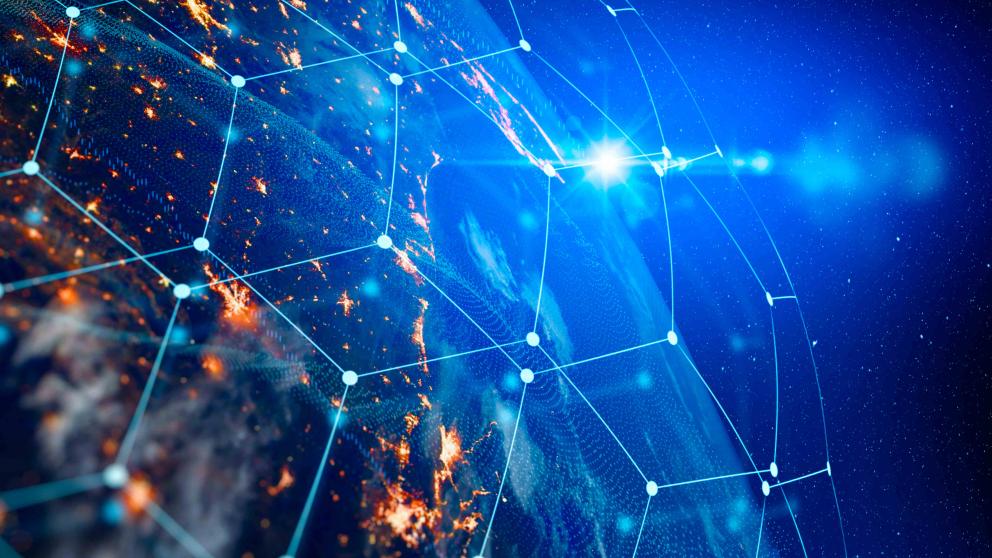Digital network connections rendered over Earth's surface