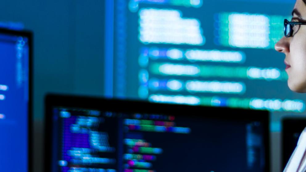 Member of staff working in front of a computer screen