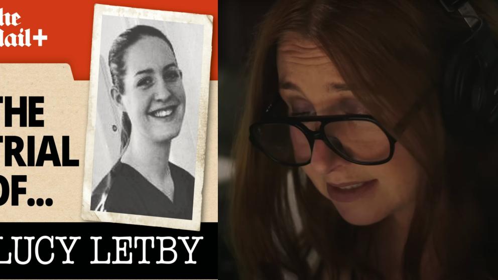 Logo of the Lucy Letby podcast opposite image of Caroline Cheetham